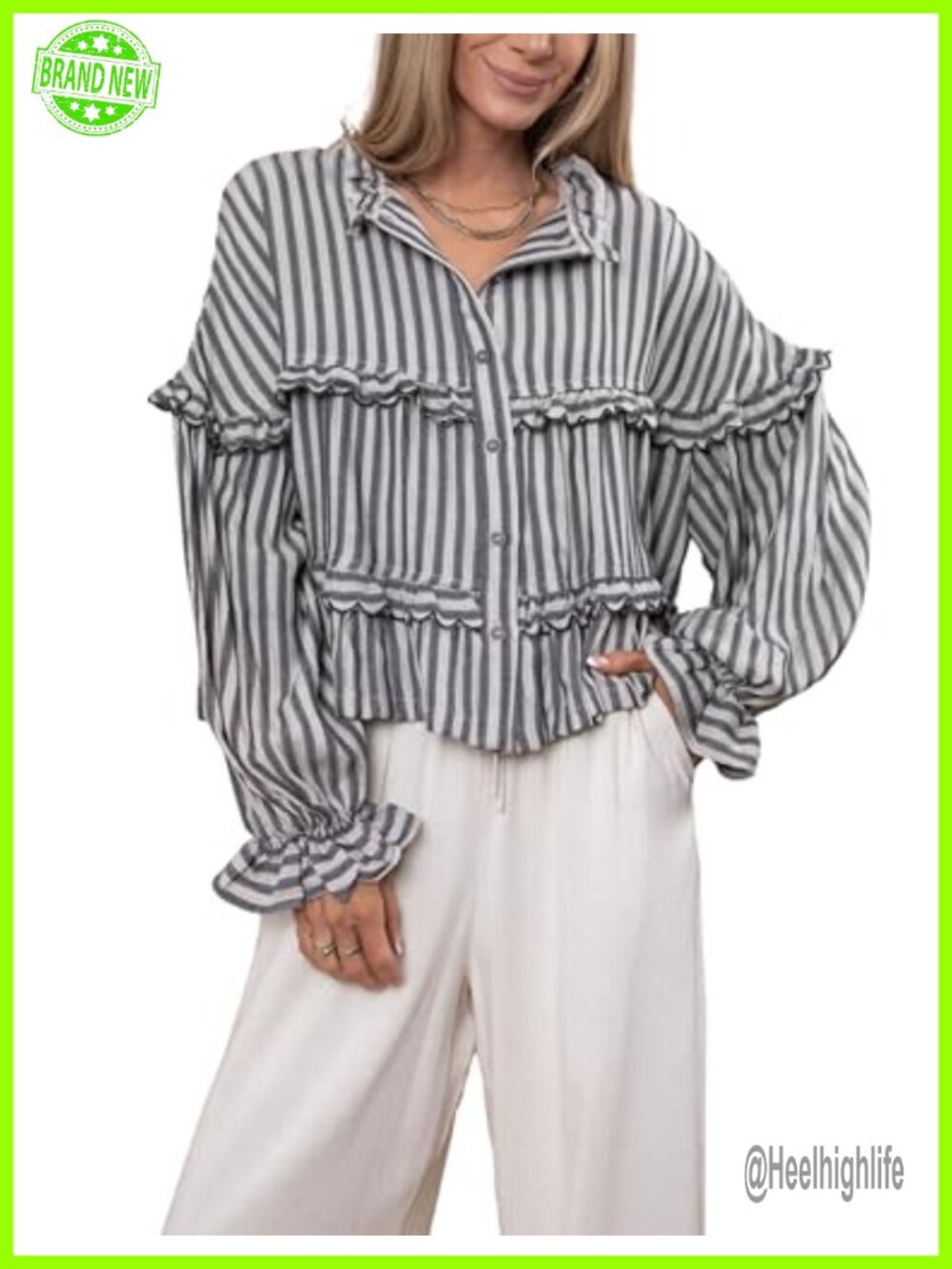 Striped Button Down Blouse Ruffle Trim Puff Sleeve Long Sleeve Top